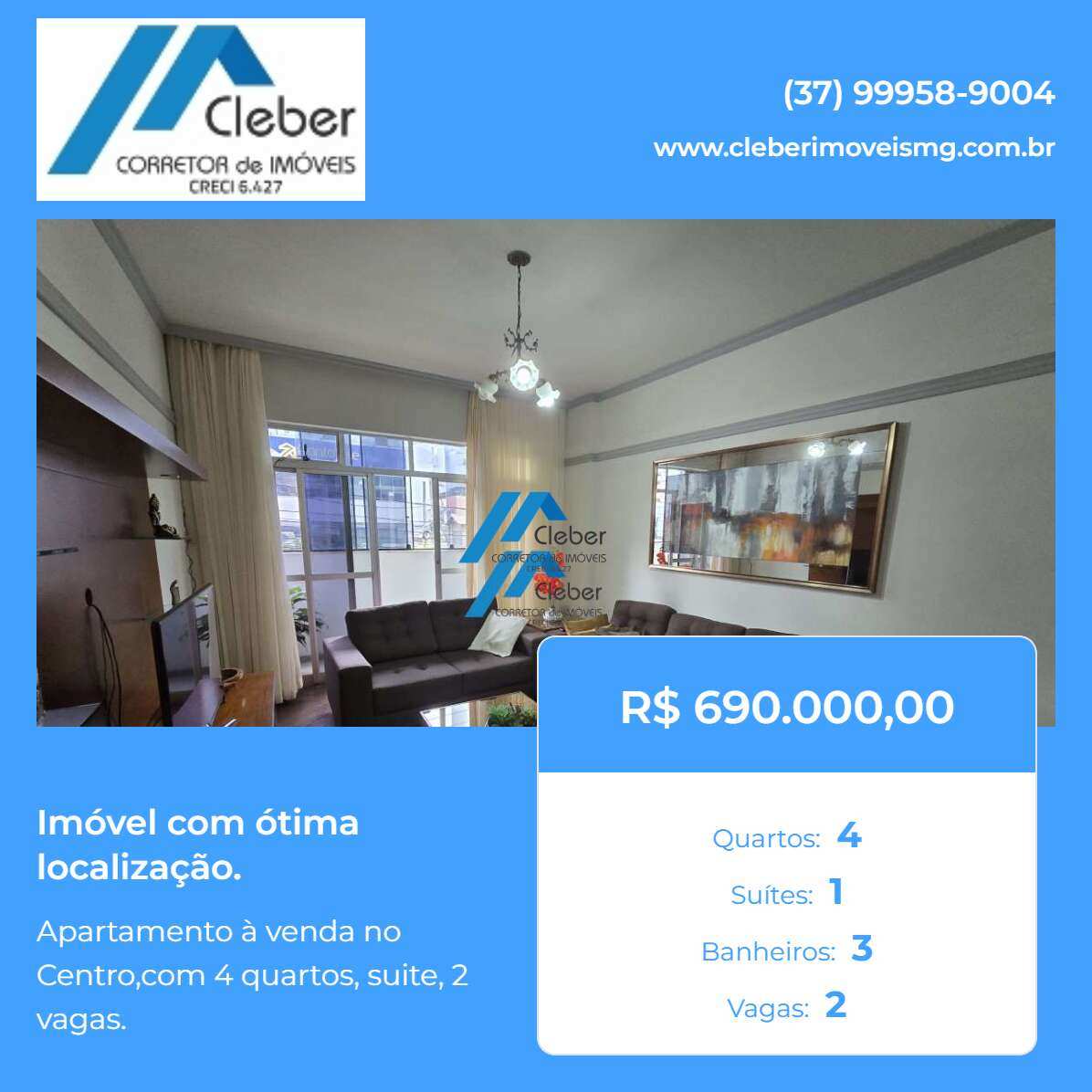 Apartamento à venda no Centro,com 4 quartos, suite, 2 vagas. - CLÉBER IMÓVEIS