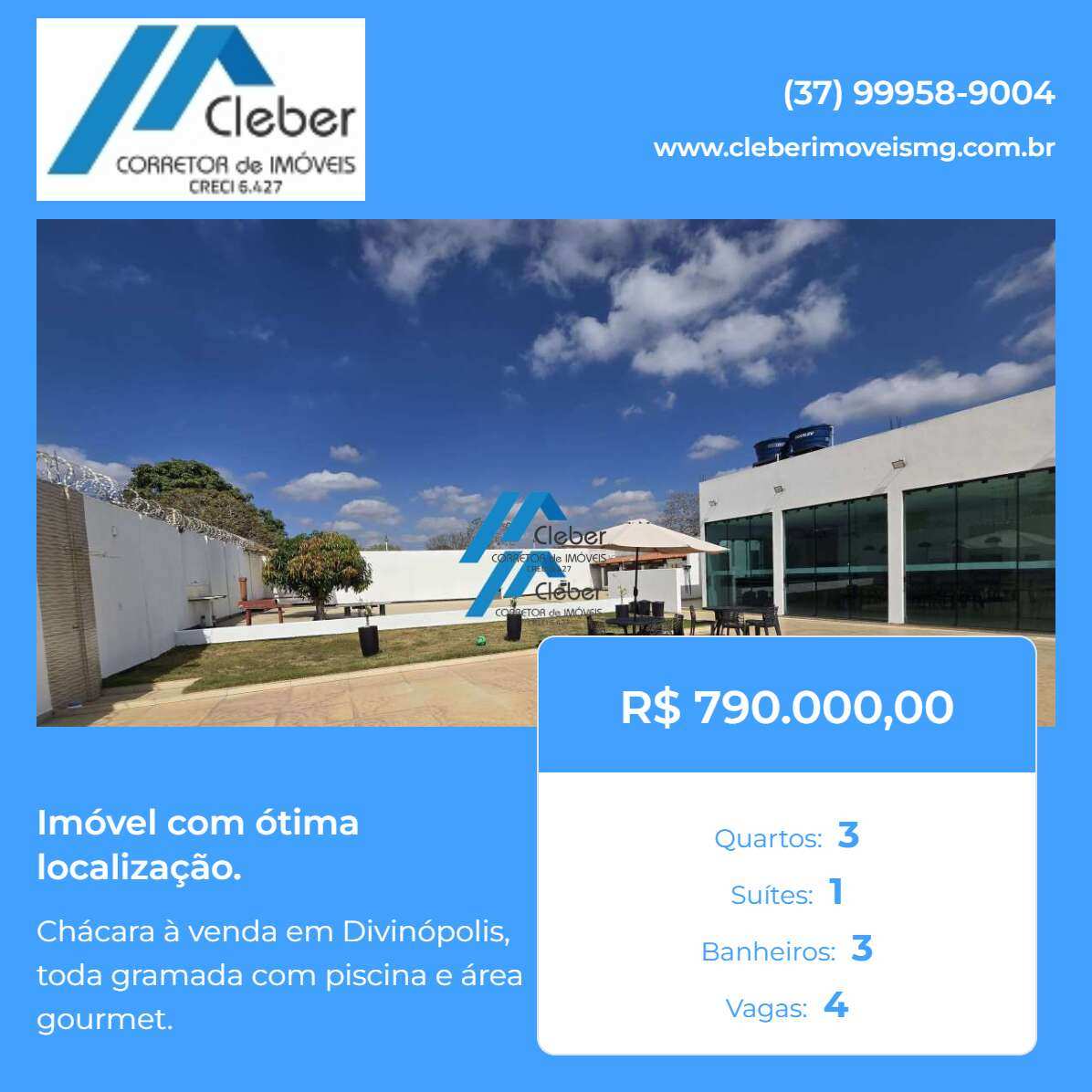 Chácara à venda em Divinópolis, toda gramada com piscina e área gourmet. - CLÉBER IMÓVEIS